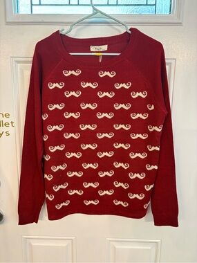 BLVD Red Crewneck Sweater with Cream Mustache Pattern